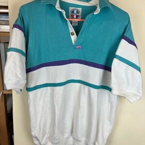 Men’s Vintage 80s / 90s Teal and White Striped Jordache Sport Shirt Size M